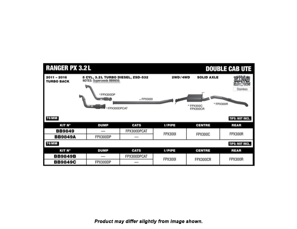 King Brown Exhaust System to suit Ford Ranger PX / Mazda BT-50 3.2L 2011-2016 (No Cat)