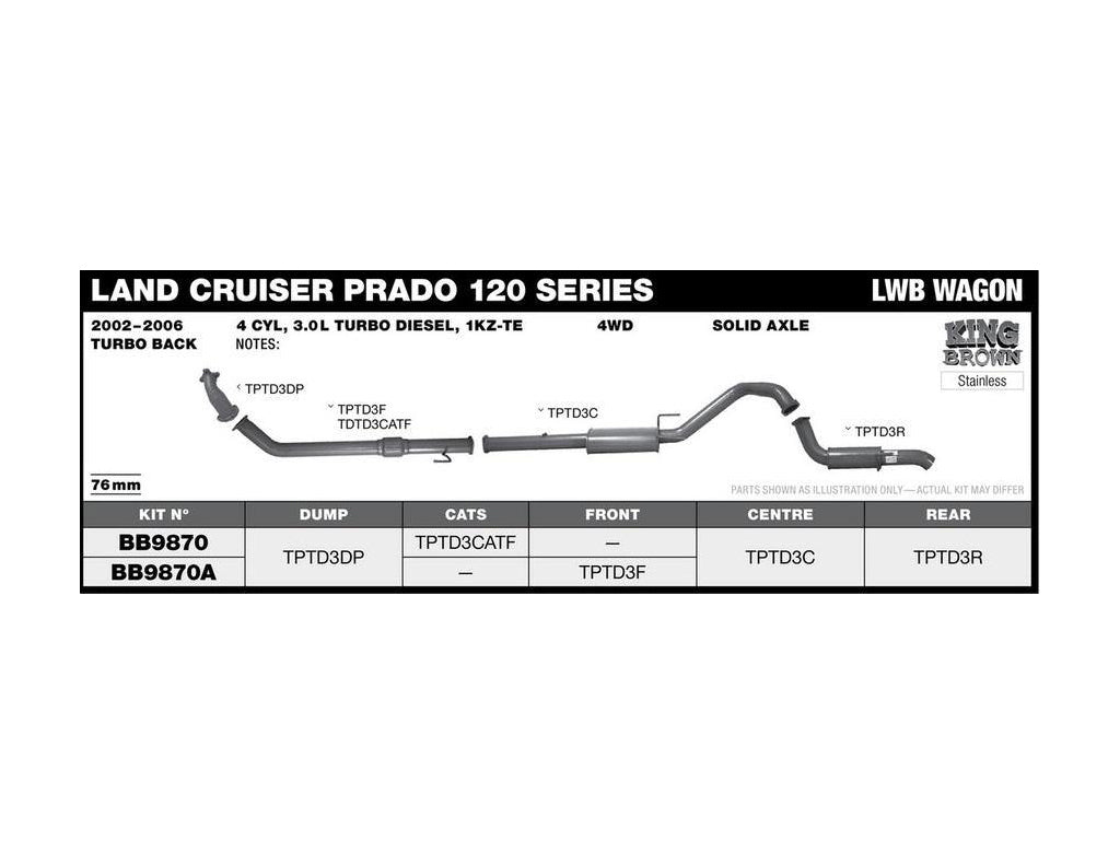 King Brown Exhaust System to suit Toyota Landcruiser Prado 120/150 Series 3.0L (No Cat) 2003-2006