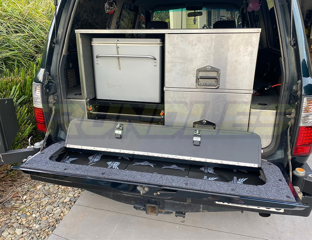 Huracan Tailgate Storage Solution lined with Marine Carpet to suit Toyota Landcruiser 80 series 1990-1998
