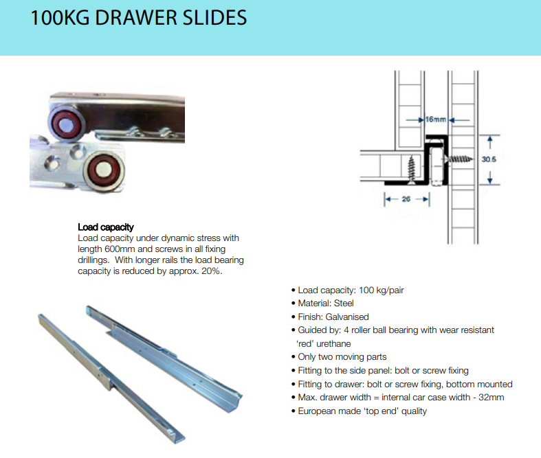 Drawer Slide 1000mm 100kg