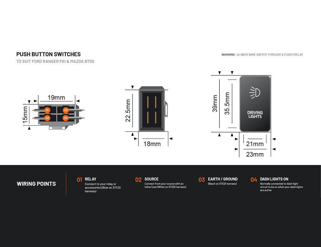 STEDI Push Button Switch to suit Ford Ranger PX1/Mazda BT-50 2007-2019