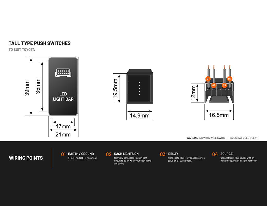 STEDI Push Switches to suit Toyota TALL Factory Switches