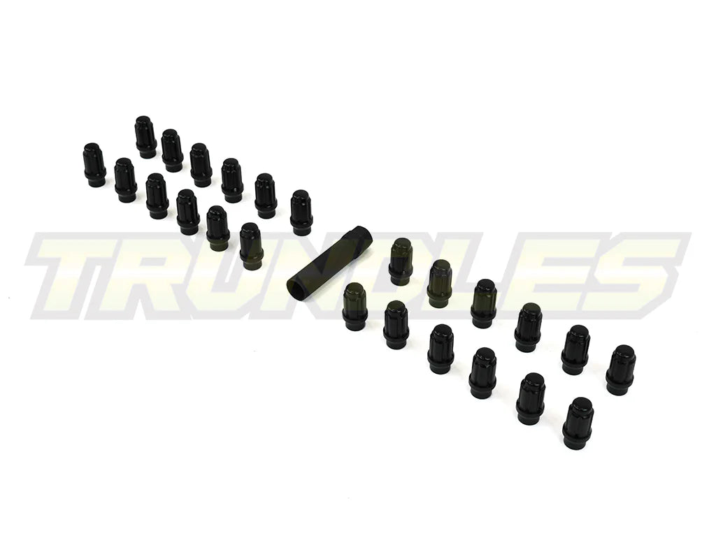 40387 | Wheel Nut Pack (24) - M12 x 1.5 Lug Nut - Long Shank - Spline Drive - BLACK