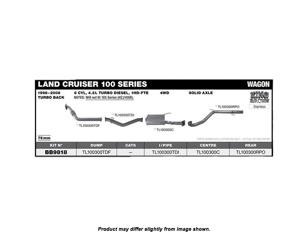 King Brown Exhaust System to suit Toyota Landcruiser 100 Series (HDJ100R) 1HD-FTE 1998-2008 (Turbo-Back)