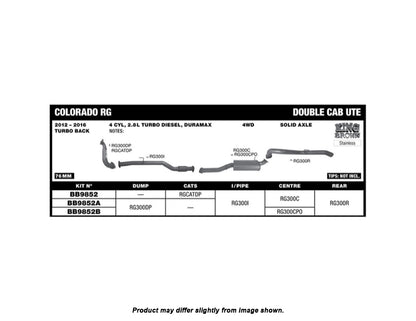 King Brown Exhaust System to suit Holden Colorado RG D/C 4WD 2.8L T/D 2012-2020