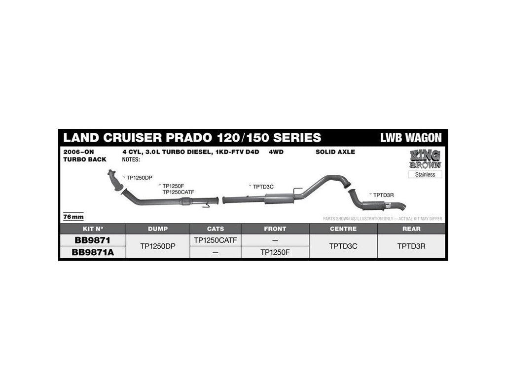 King Brown Exhaust System to suit Toyota Landcruiser Prado 120/150 Series 3.0L 1KD (No Cat) 2003-2015