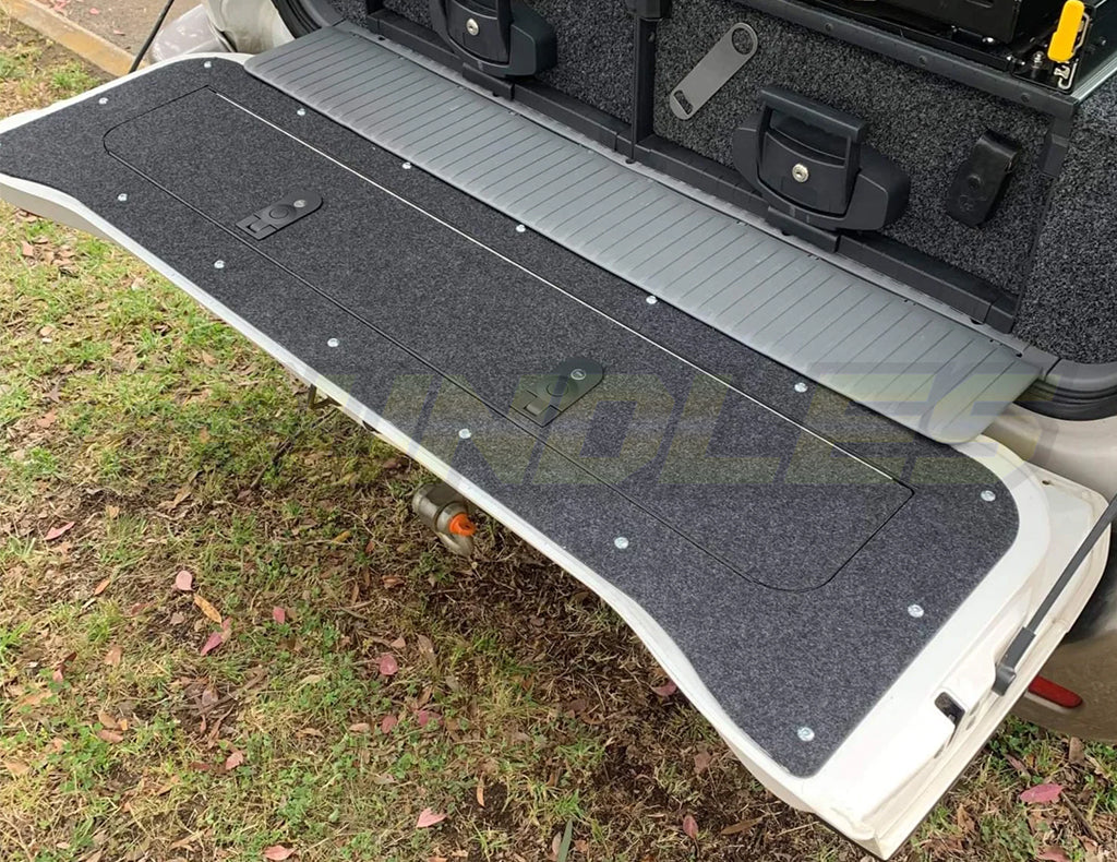 Huracan Tailgate Storage Solution finished with Marine Carpet to suit Toyota Landcruiser 100 / 105 series 1998-2007