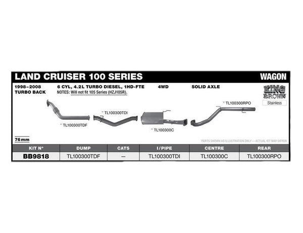 King Brown Exhaust System to suit Toyota Landcruiser 100 Series (HDJ100R) 1HD-FTE 1998-2008 (Turbo-Back)