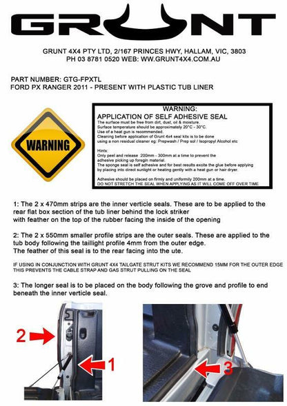 Grunt 4x4 Tailgate Seal Kit to suit Ford Ranger PX1/2/3 with Tub Liner 2011-2022
